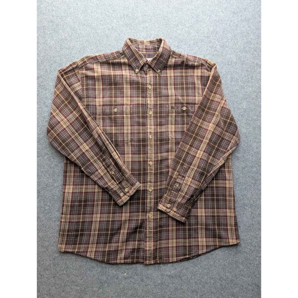Carhartt Mens Large Brown Plaid Long Sleeve Button Down Cotton Work Shirt